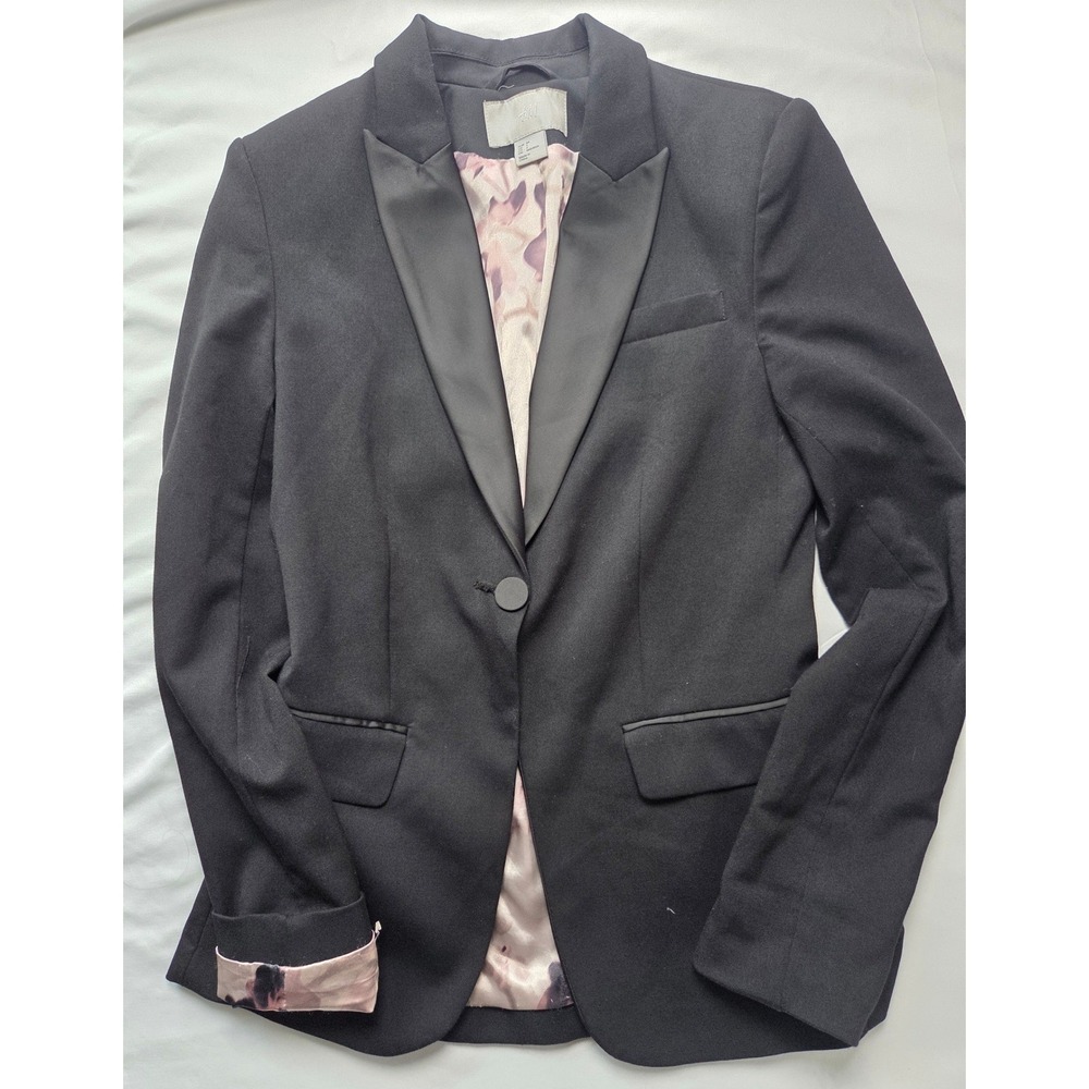 HM Womens Black Satin Lapel Tuxedo Blazer Jacket Floral Lining Size 4